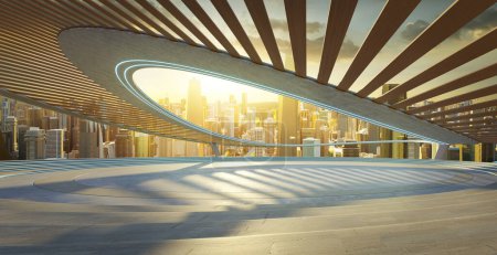 Foto de Terraza futurista de madera con una vista panorámica del horizonte urbano durante la hora dorada. Renderizado 3D - Imagen libre de derechos
