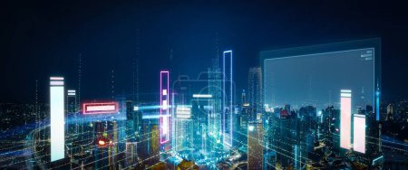 Panoramic view of a modern city at night, enhanced by glowing virtual data structures, including graphs and interface elements.Concept of a smart city where technology and urban life seamlessly integrate. 3D render