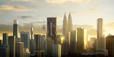 Foto de Vista serena de un horizonte de la ciudad de Kuala Lumpur bañado en el cálido resplandor de la puesta del sol - Imagen libre de derechos