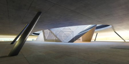 Abstract view of a contemporary underpass showcasing futuristic geometric shapes and ambient lighting. 3D rendering
