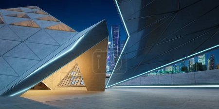 Téléchargez les photos : Bâtiment moderne avec des formes géométriques contre un horizon de la ville pendant l'heure bleue. rendu 3D - en image libre de droit