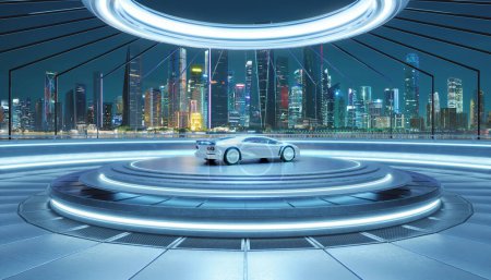 Sleek concept car showcased on a glowing platform with a modern skyline backdrop at night