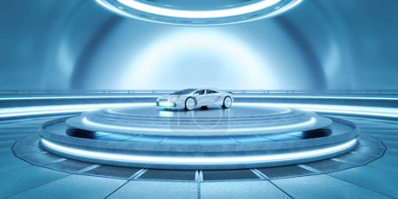Foto de Elegante coche eléctrico exhibido en una sala de exposición circular moderna e iluminada con un ambiente de ciencia ficción - Imagen libre de derechos