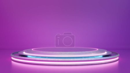 Foto de 3D renderizado de un brillante podio de neón sobre un elegante fondo púrpura, perfecto para presentaciones de productos - Imagen libre de derechos