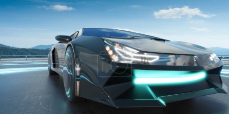Téléchargez les photos : Design élégant et avancé EV concept voiture de sport sur une route moderne avec vue panoramique. Rendu 3d - en image libre de droit