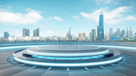 Foto de Moderna plataforma de alta tecnología con vistas a un paisaje urbano futurista en expansión bajo un cielo azul claro. renderizado 3d - Imagen libre de derechos
