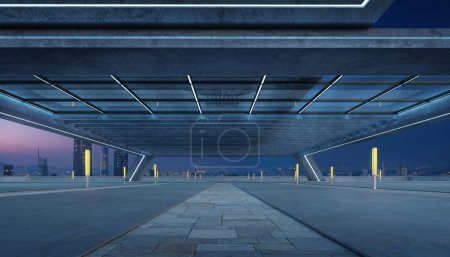 Wide-angle shot of a contemporary underpass with city skyline at dusk. 3D rendering