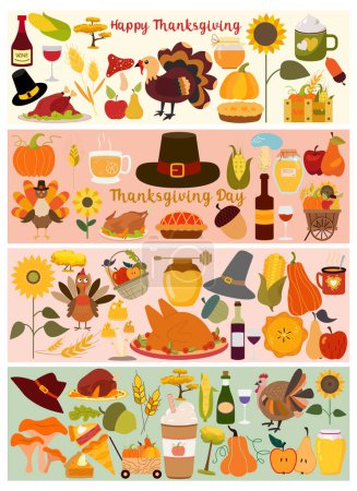 Illustration for Big set of Thanksgiving day or autumn leaves, mushrooms, berries for harvest festival Vector illustration for your design. Happy Thanksgiving. - Royalty Free Image