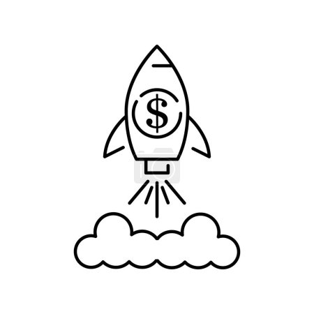 Illustration for Sustainable development social problem line icon vector. big data and Boycott, business war, trade war sign. isolated contour black illustration. Dollar rocket and smoke. - Royalty Free Image