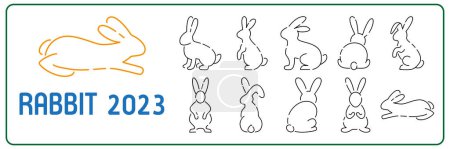Illustration for Vector one line 2023 happy new year icon with rabbit. Chinese horoscope celebration card. Animal theme icon set vector bunny. - Royalty Free Image