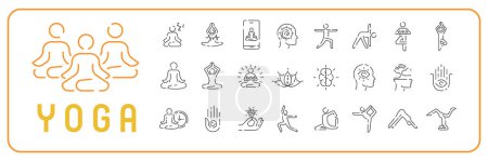 Setzen Sie Symbole der Meditation und des Yoga. Gesunder Lebensstil Sport oder Gymnastik Übungen, Stretching Vektor Zeichen.