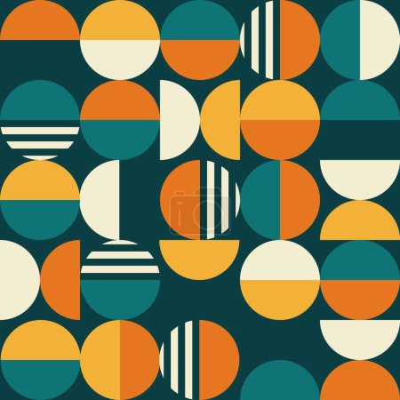 Quadratischer Vektor abstrakter geometrischer Hintergrund der 60er und 70er Jahre mit Herzen, Kreisen, Rechtecken und Quadraten im skandinavischen Retro-Stil. Pastellfarbene einfache Formen grafisches Muster.