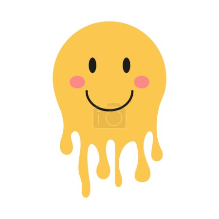 Illustration for Melting smile. Funny psychedelic surreal techno acid LSD melt smile face logo. Dripping smile. Good mood. Positive emoji. Vector emoji. Emoji face. Face symbol. Positive emoji. - Royalty Free Image