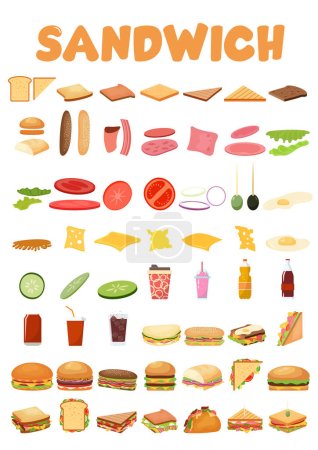 Burgers and Sandwich set. Ingredients buns, cheese, bacon, tomato, onion, lettuce, cucumbers pickle onions beefs ham Vector illustration.