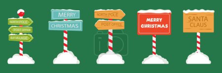 North Pole Signboards and Christmas Wooden Street Signs set in Snow, Winter Pointers with Garlands, Snow, and Striped Poles. Winter Holiday, Xmas Banners. Cartoon Vector Illustration.