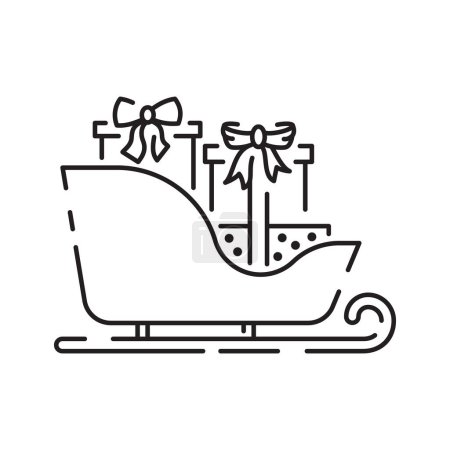 Illustration for Christmas sled. Santa Claus sleigh vector line icon. Merry Christmas sign. Santa Claus with gift illustration on background, Flying Christmas sleigh symbol. - Royalty Free Image