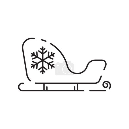 Illustration for Christmas sled. Santa Claus sleigh vector line icon. Merry Christmas sign. Santa Claus with gift illustration on background, Flying Christmas sleigh symbol. - Royalty Free Image