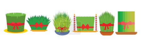 Ilustración de Nowruz semeni hierba de vacaciones o semen en el plato con cinta roja. Diseño de color plano vector de diseño. - Imagen libre de derechos