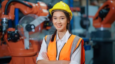 Photo for Asian engineer portrait, Confident female industrial engineer with safety uniform protection crossing arms smiling to camera, Engineer portrait concept, Asian Female manager engineer concept - Royalty Free Image