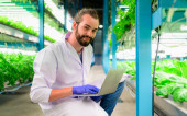 Portrait of smart researcher working with laptop at hydroponic greenhouse, Smart farm with technology, People with indoor farm factory, Researcher checking and working with vegetable at greenhouse Poster #646835416