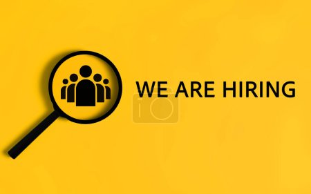 Photo for We are hiring text with magnifier on yellow background, Job recruiting advertisement, Hiring position to be recruited and filled, Hiring career employment and human resources - Royalty Free Image