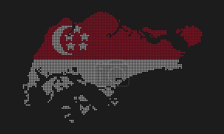 Bandera de Singapur punteada mapa con textura grunge en estilo punto mosaico. Ilustración abstracta del vector de píxeles de un mapa de país con efecto de medio tono para infografía.