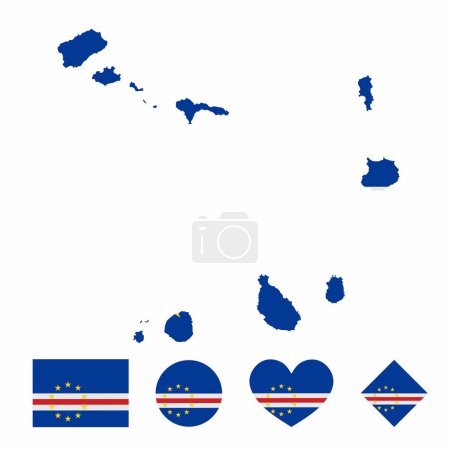 Illustration for Vector of Cape Verde map flag with flag set isolated on white background. Collection of flag icons with square, circle, love, heart, and rectangle shapes. - Royalty Free Image