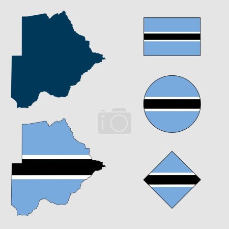 Téléchargez les illustrations : Vecteur de silhouette de pays du Botswana avec drapeau isolé sur fond blanc. Collection d'icônes du drapeau national avec des formes carrées, circulaires, rectangulaires et cartographiques. - en licence libre de droit