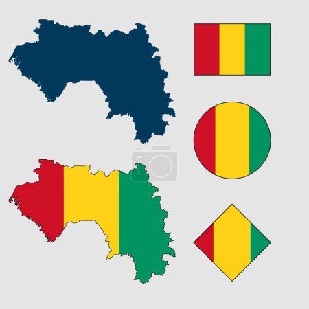 Photo for Vector of Guinea country outline silhouette with flag set isolated on white background. Collection of national flag icons with square, circle, rectangle and map shapes. - Royalty Free Image