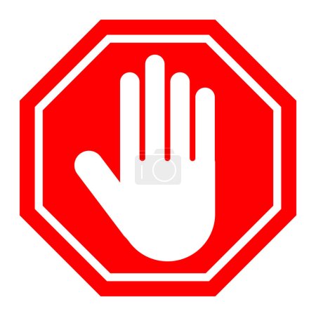 Téléchargez les photos : Panneau rouge stop avec illustration vectorielle icône main. Panneau stop. Panneau rouge interdisant avec la main humaine en forme d'octogone - en image libre de droit