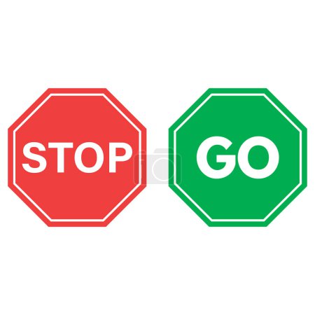 Téléchargez les illustrations : Arrêtez-vous et allez signer. Panneau rouge stop avec symbole Go isolé sur fond blanc. Vecteur - en licence libre de droit