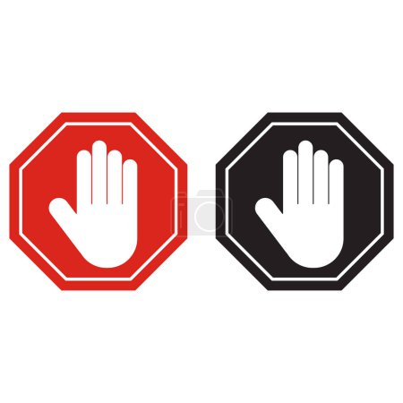 Stop hand icon set in black and red . Red forbidding sign with hand . No entry hand sign . Vector illustration