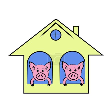 Téléchargez les illustrations : Deux cochons drôles dans la maison regardent par la fenêtre - en licence libre de droit