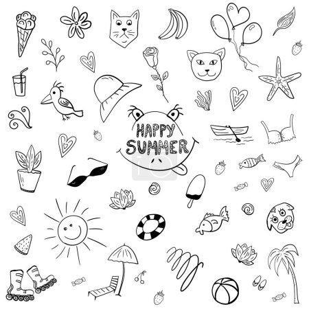 Illustration for Set of icons Happy Summer , collection of vector elements , illustration on white background, hand drawn - Royalty Free Image