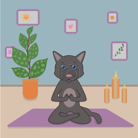Ilustración de Lindo gato gris haciendo yoga en la posición de loto, assana, en una acogedora habitación con flores, velas y pinturas - Imagen libre de derechos