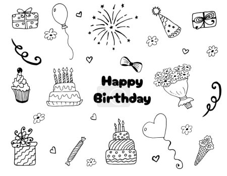 Illustration for Birthday doodle set of black hand-drawn liner elements. Party, holiday, congratulations. Can be used for printing and web icons - Royalty Free Image