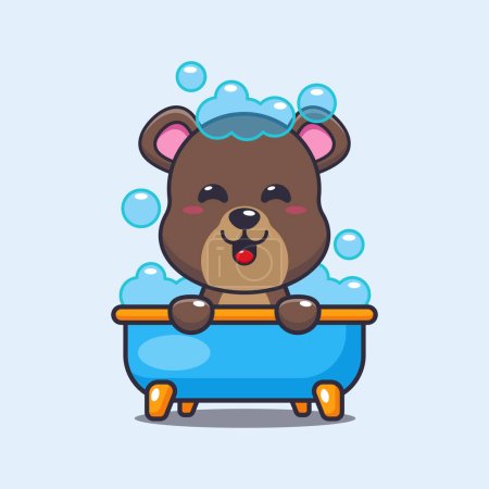 Téléchargez les illustrations : Cute bear taking bubble bath in bathtub cartoon vector illustration. Vector cartoon Illustration suitable for poster, brochure, web, mascot, sticker, logo and icon. - en licence libre de droit