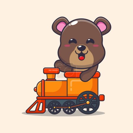 Téléchargez les illustrations : Mascotte d'ours mignon personnage de dessin animé tour en train. - en licence libre de droit