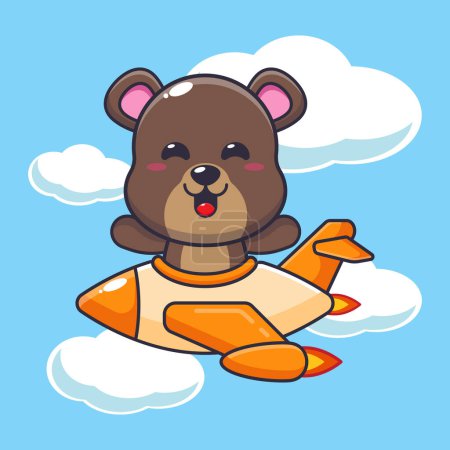 Téléchargez les illustrations : Cute bear mascot cartoon character ride on plane jet. - en licence libre de droit
