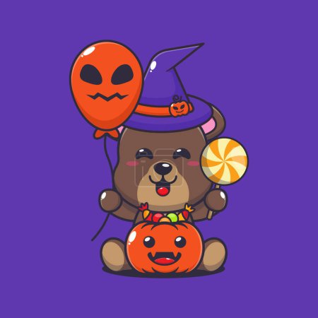Ilustración de Witch bear holding halloween balloon and candy. Cute halloween cartoon illustration. Vector cartoon Illustration suitable for poster, brochure, web, mascot, sticker, logo and icon. - Imagen libre de derechos