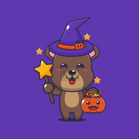 Illustration for Witch bear in halloween day. Cute halloween cartoon illustration. Vector cartoon Illustration suitable for poster, brochure, web, mascot, sticker, logo and icon. - Royalty Free Image