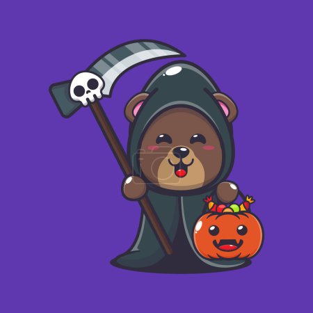 Illustration for Grim reaper bear holding scythe and halloween pumpkin. Cute halloween cartoon illustration. Vector cartoon Illustration suitable for poster, brochure, web, mascot, sticker, logo and icon. - Royalty Free Image