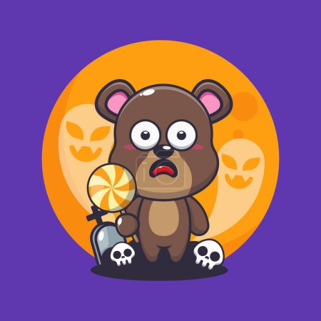 Illustration for Cute bear scared by ghost in halloween day. Cute halloween cartoon illustration. Vector cartoon Illustration suitable for poster, brochure, web, mascot, sticker, logo and icon. - Royalty Free Image