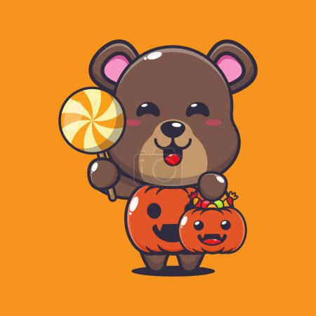 Téléchargez les illustrations : Cute bear with halloween pumpkin costume. Cute halloween cartoon illustration. Vector cartoon Illustration suitable for poster, brochure, web, mascot, sticker, logo and icon. - en licence libre de droit