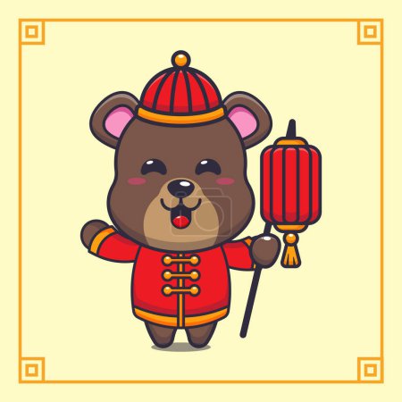 Ilustración de Cute bear holding lantern in chinese new year. Vector cartoon Illustration suitable for poster, brochure, web, mascot, sticker, logo and icon. - Imagen libre de derechos
