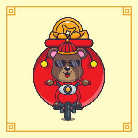 Ilustración de Cute bear riding a motorcycle with a lot of gold in chinese new year. Vector cartoon Illustration suitable for poster, brochure, web, mascot, sticker, logo and icon. - Imagen libre de derechos