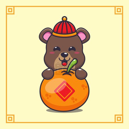 Téléchargez les illustrations : Cute bear with big orange in chinese new year. Vector cartoon Illustration suitable for poster, brochure, web, mascot, sticker, logo and icon. - en licence libre de droit