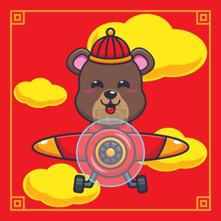 Ilustración de Cute bear fly with plane in chinese new year. Vector cartoon Illustration suitable for poster, brochure, web, mascot, sticker, logo and icon. - Imagen libre de derechos