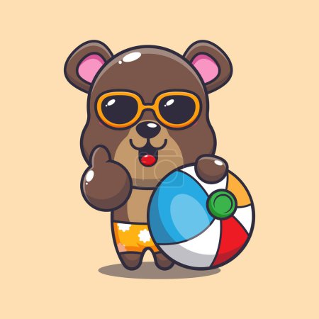 Ilustración de Cute bear in sunglasses with beach ball cartoon illustration. Cute summer cartoon illustration. - Imagen libre de derechos