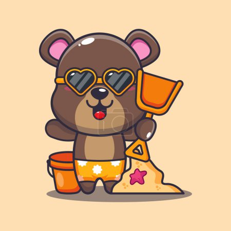 Téléchargez les illustrations : Cute bear in sunglasses play sand beach cartoon illustration. Cute summer cartoon illustration. - en licence libre de droit